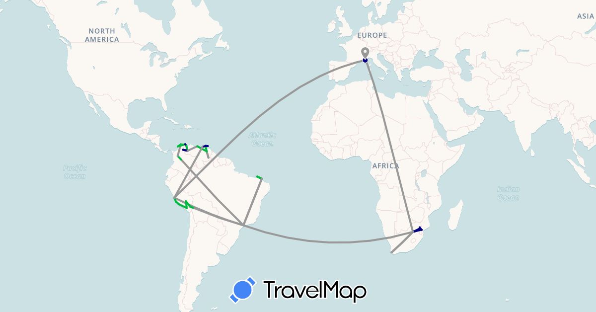 TravelMap itinerary: driving, bus, plane in Bolivia, Brazil, Colombia, France, Peru, Venezuela, South Africa (Africa, Europe, South America)